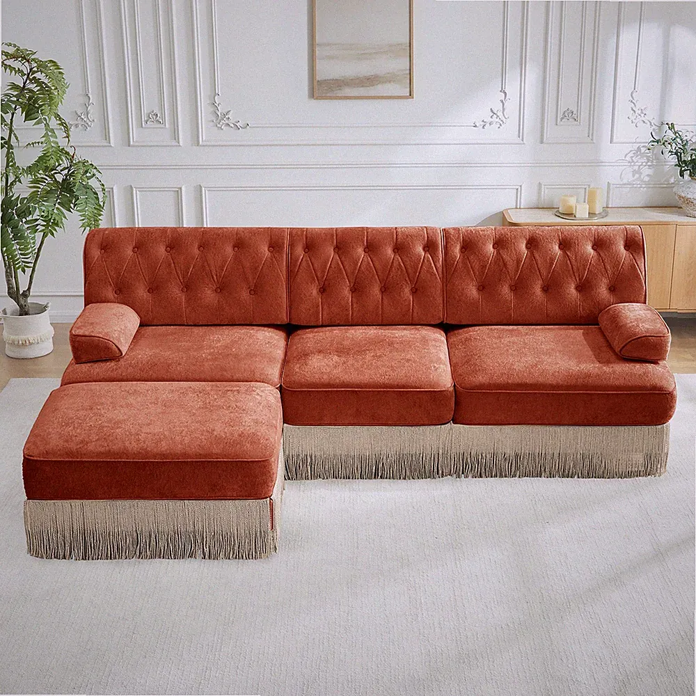 3-Seater Brown Velvet Chesterfield Sofa with Tassel Fringe Skirt