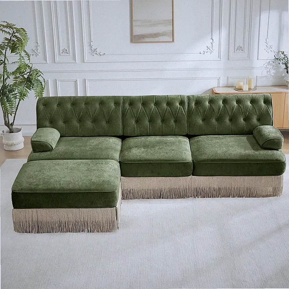 3-Seater Chesterfield Style Modular Sectional Sofa with Tassel Green