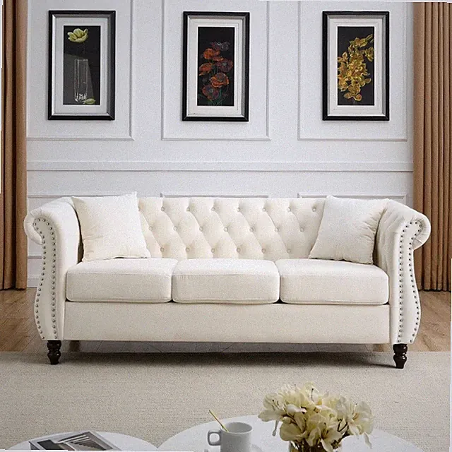 3 Seater Chesterfield Velvet Sofa Button Tufted Couch Rolled Arms Nailhead Trim