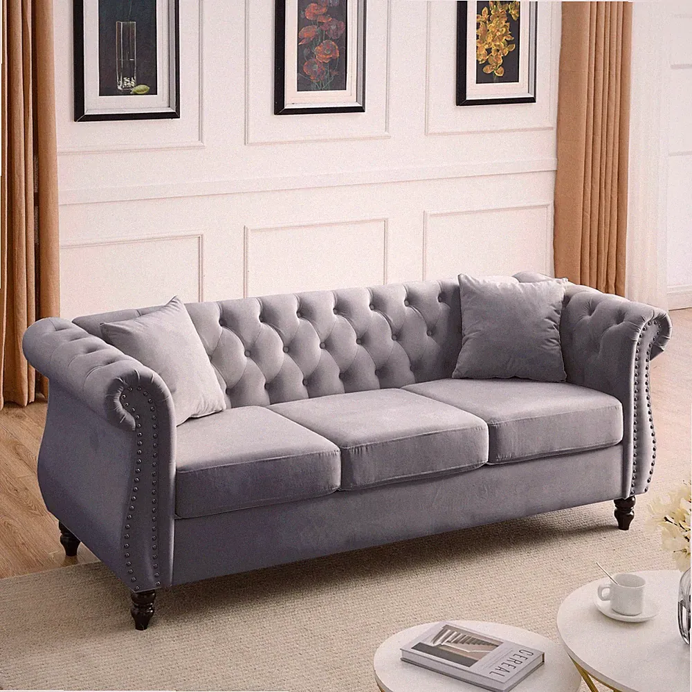 3 Seater Chesterfield Velvet Sofa Futon Couch with Removable Cushions Nailheads