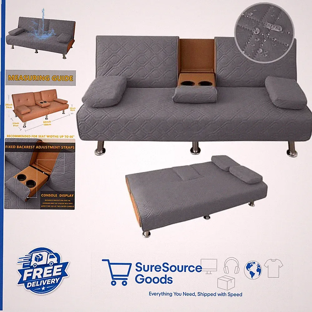 3 Seater Click Clack Sofa Bed Cover Grey with Removable Armrests and Holders