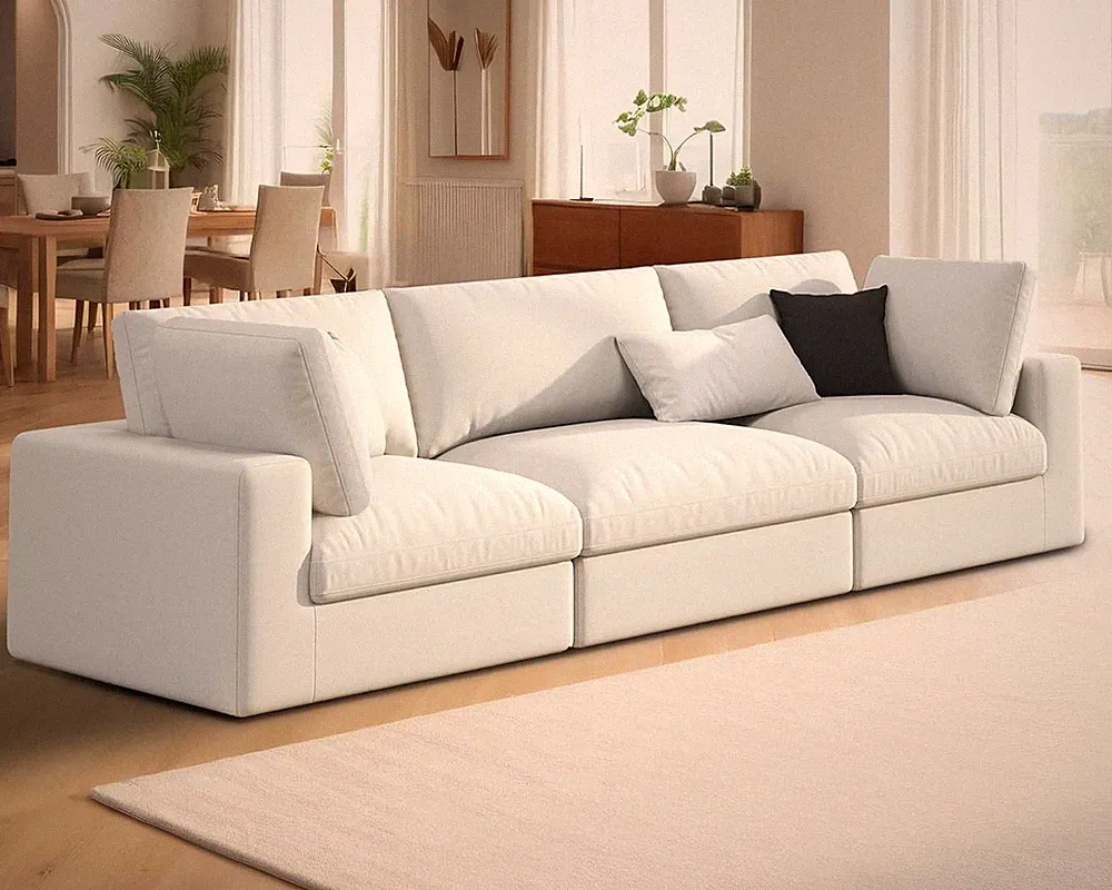 3 Seater Cloud Couch 114in Modular Sectional Sofa Feather Down White Linen