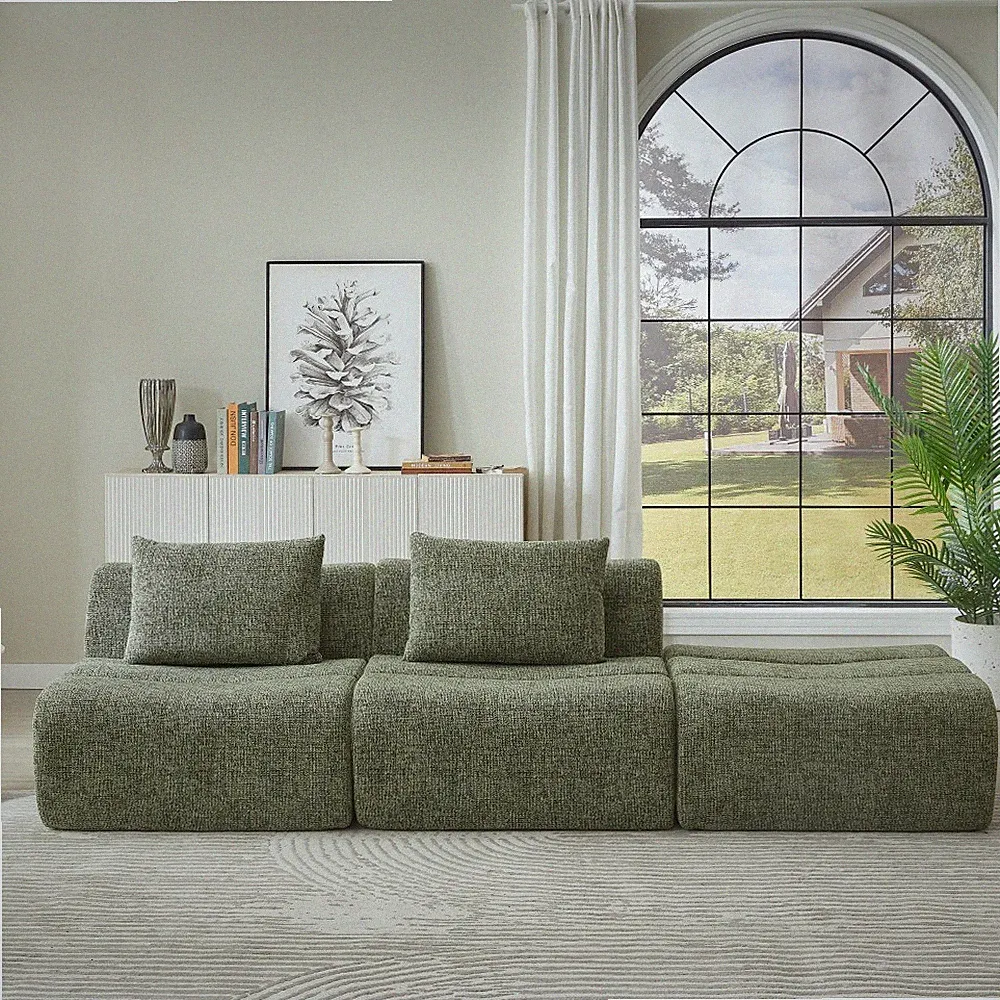 3 Seater Compressed Sofa Sectional, No Assembly, Chenille Fabric, Green