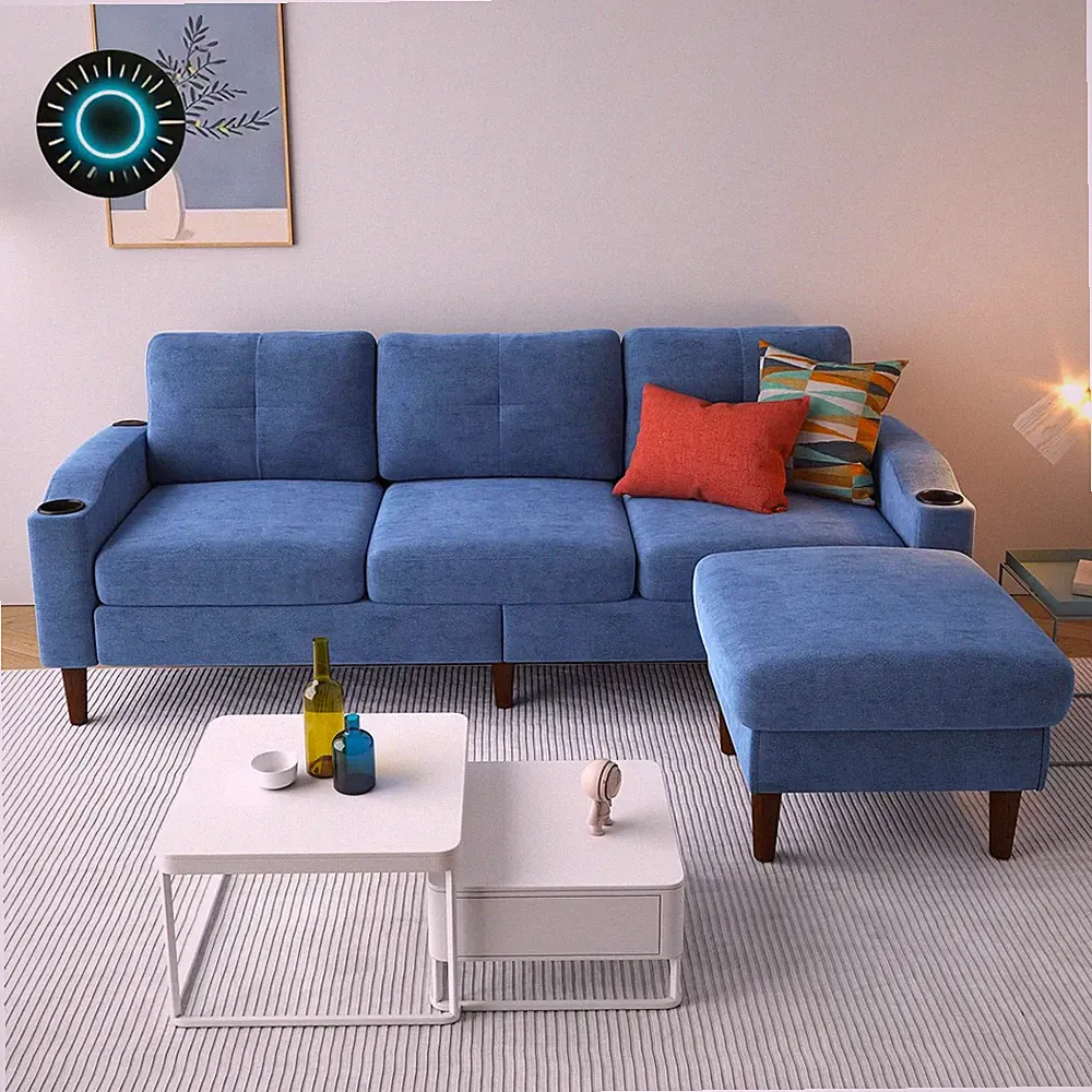 3 Seater Convertible L-Shaped Sofa Storage Ottoman USB Cup Holder Navy Blue NEW