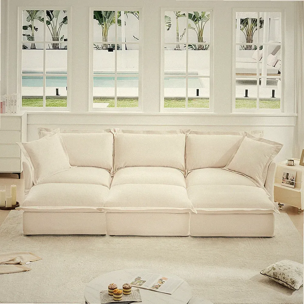 3-Seater Convertible Sofa Bed Sectional Sleeper w/ Ottomans, Cream Chenille