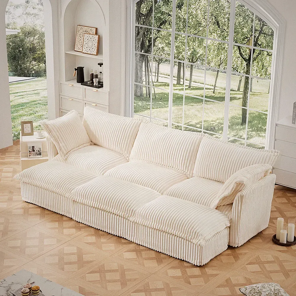 3 Seater Cream Corduroy Pull Out Sleeper Sofa Bed w/ 3 Ottomans