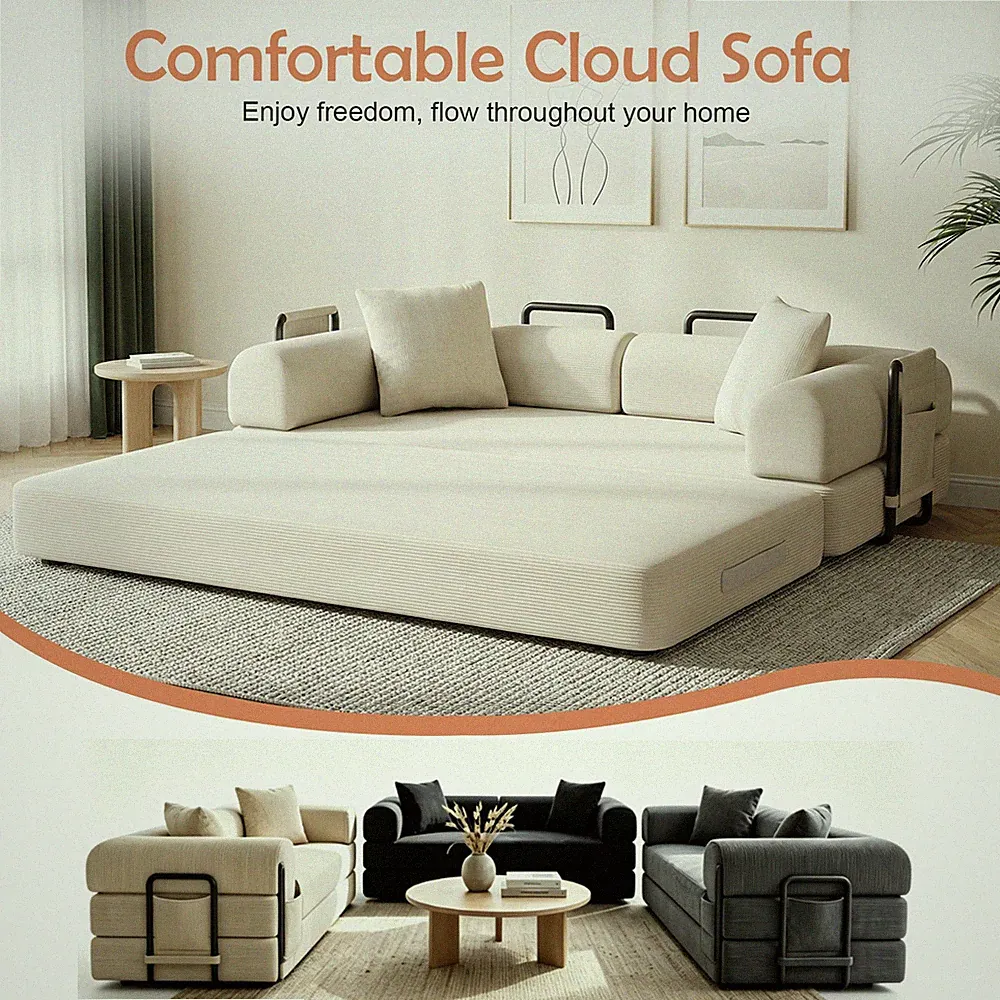 3 Seater Futon Sleeper Sofa Bed Couch Convertible w/ Sturdy Metal Frame 5-in-1