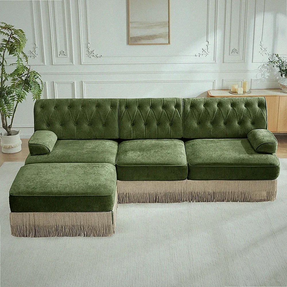 3-Seater High Quality Velvet Fabric,Cloud Modular Sectional,Tassel Skirt,Butt