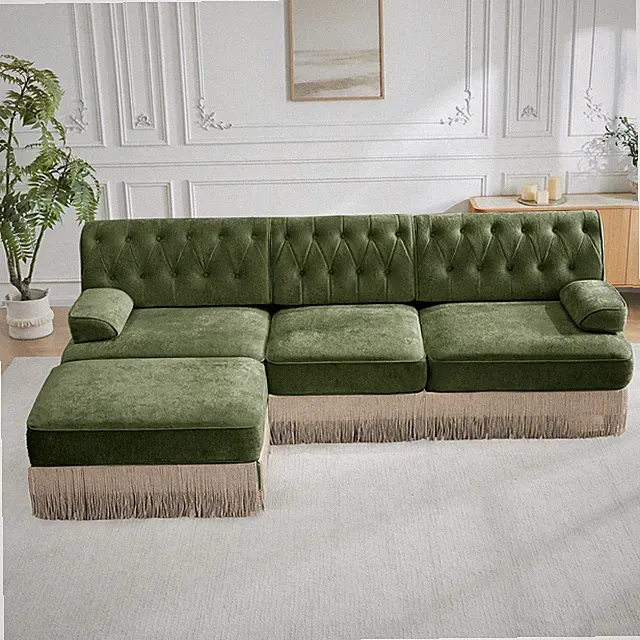 3-Seater High Quality Velvet Fabric,Cloud Modular Sectional,Tassel Skirt,Butt