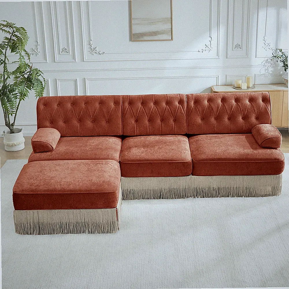 3-Seater High Quality Velvet Fabric,Cloud Modular Sectional,Tassel Skirt,Butto