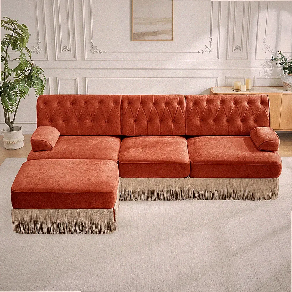 3-Seater High Quality Velvet Fabric,Cloud Modular Sectional,Tassel Skirt,Butto