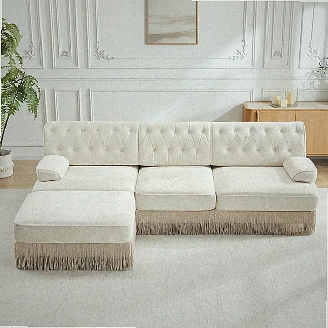 3-Seater High Quality Velvet Fabric,Cloud Modular Sectional,Tassel Skirt,Butto