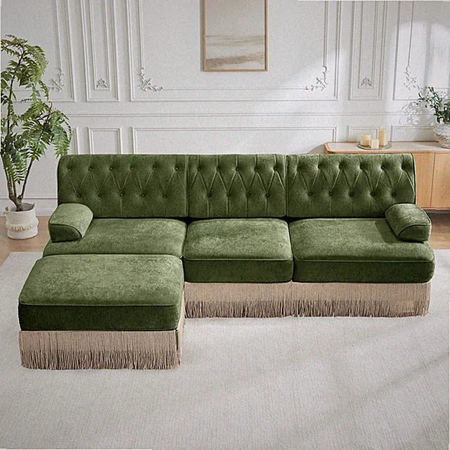 3-Seater High Quality Velvet Fabric,Cloud Modular Sectional,Tassel Skirt,Button