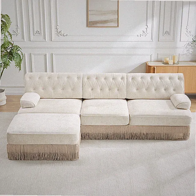 3-Seater High Quality Velvet Fabric,Cloud Modular Sectional,Tassel Skirt,Button