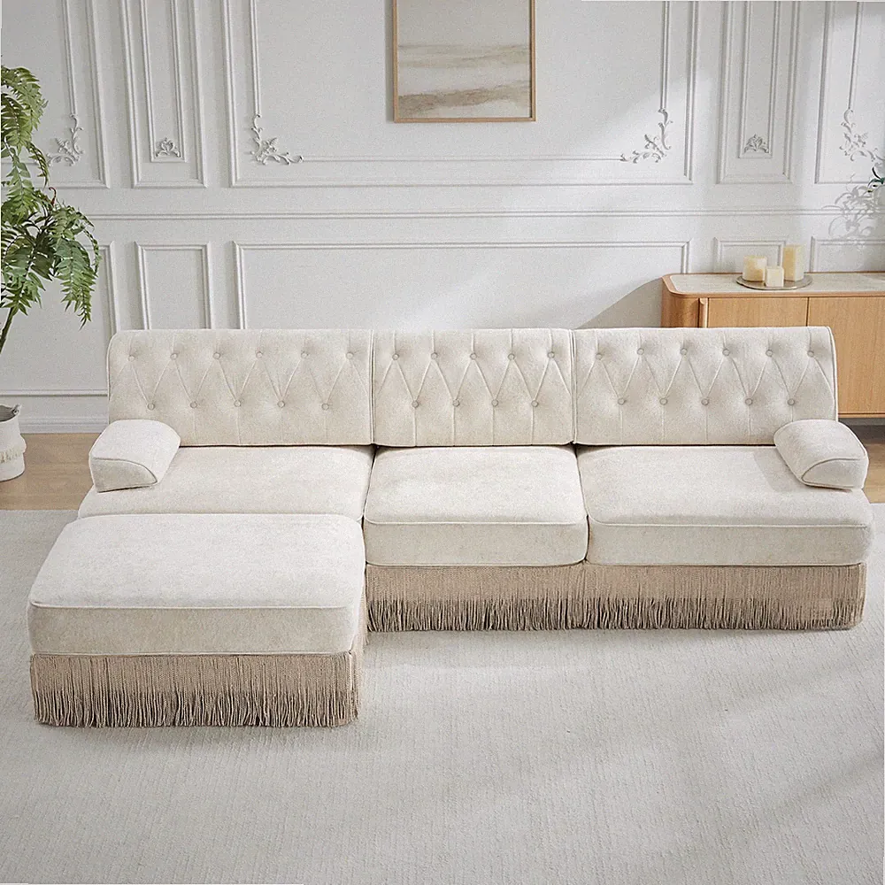 3-Seater High Quality Velvet Fabric,Cloud Modular Sectional,Tassel Skirt,Button