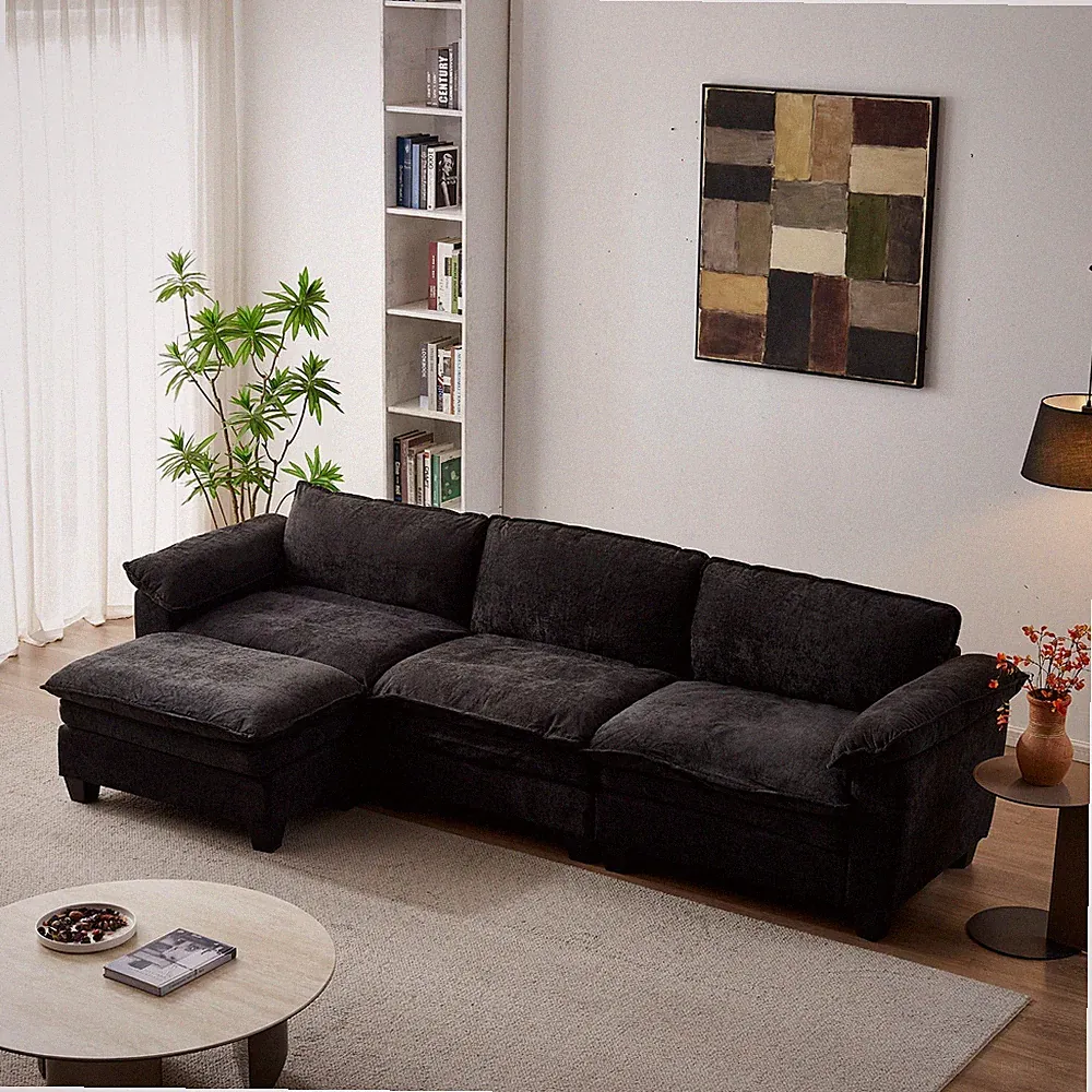 3-Seater L Shape Sectional Sofa Chenille Modular Couch With Movable Ottoman