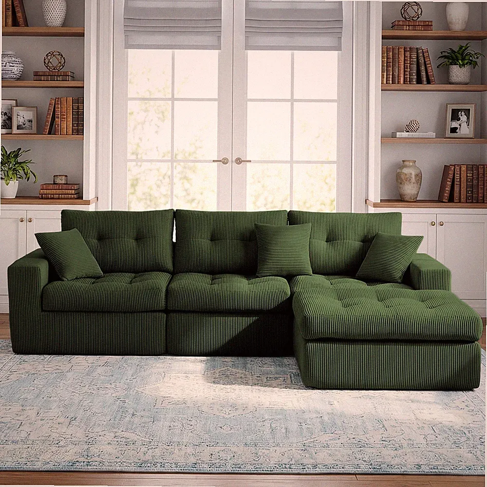 3-Seater L-Shaped Sectional Sofa Bed w/ Chaise, Corduroy, No Assembly Green