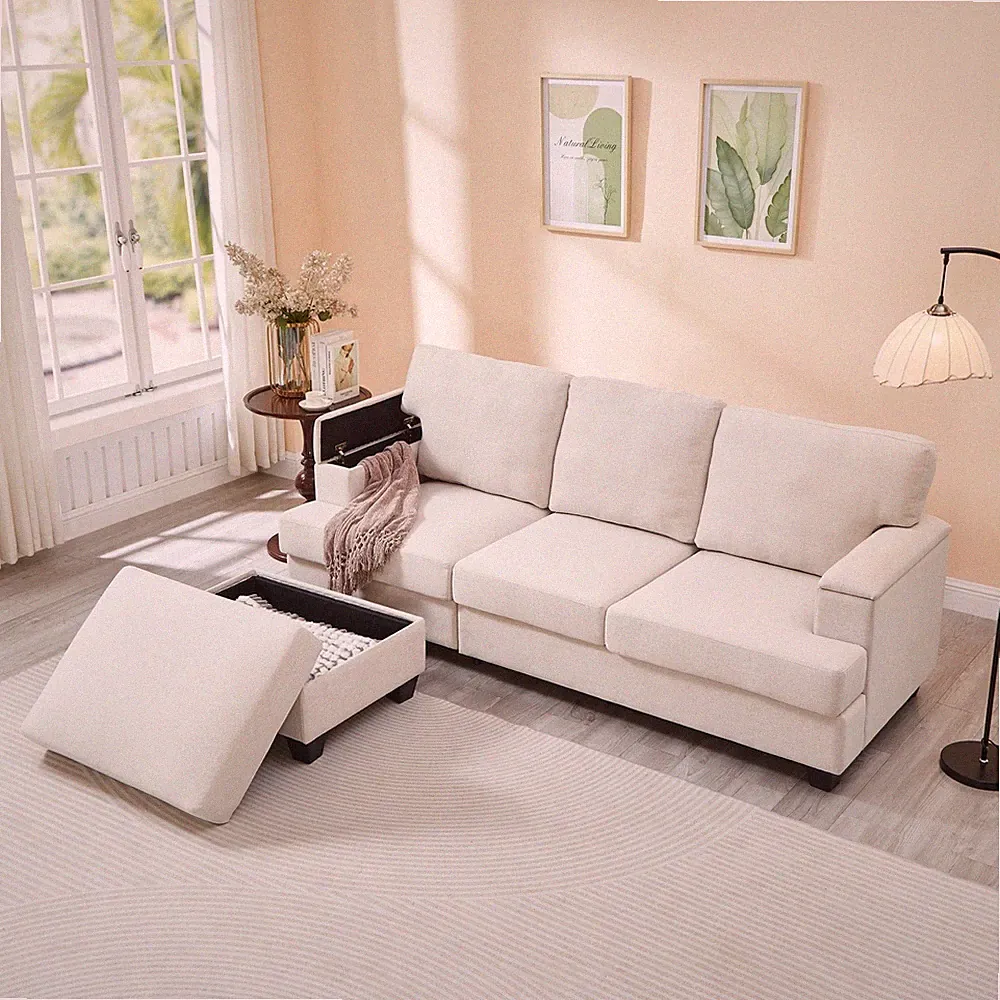 3-Seater L-Shaped Sectional Sofa w/ Storage Ottoman & Storage Seats & Armrest