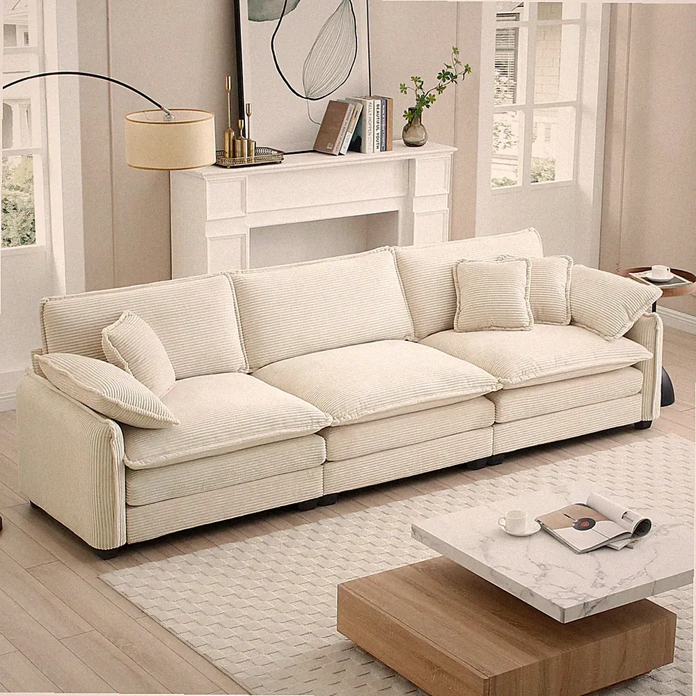 3-Seater Mid-Century Modern Sectional Sofa with Arm Pillows Beige
