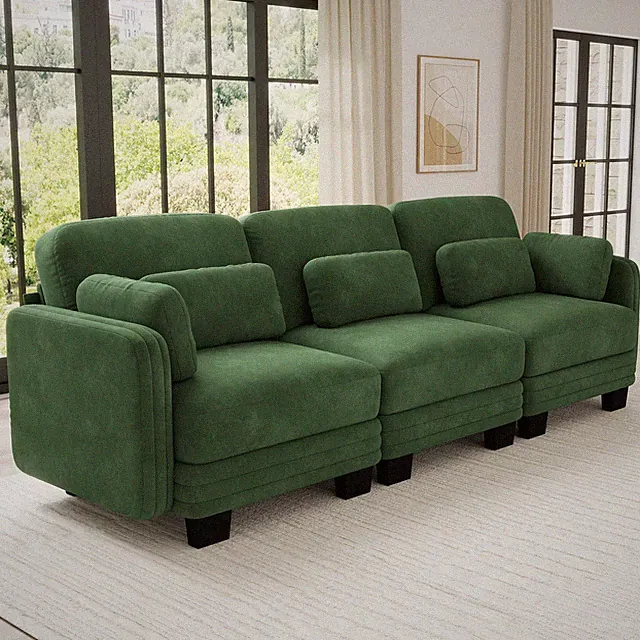3-Seater Modern Chenille Sectional Sofa Channel Tufted Brown Fabric