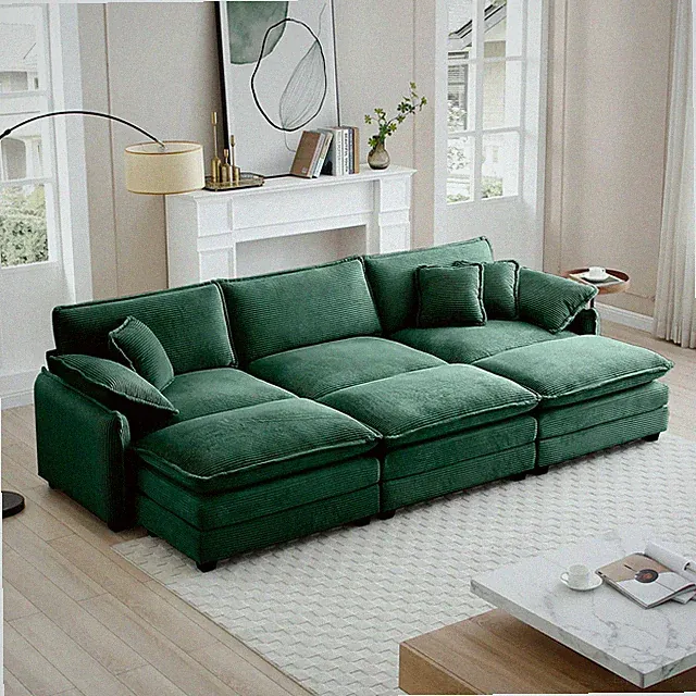 3-Seater Modular Corduroy Sectional Sofa with 3 Ottomans Sleeper Bed Design
