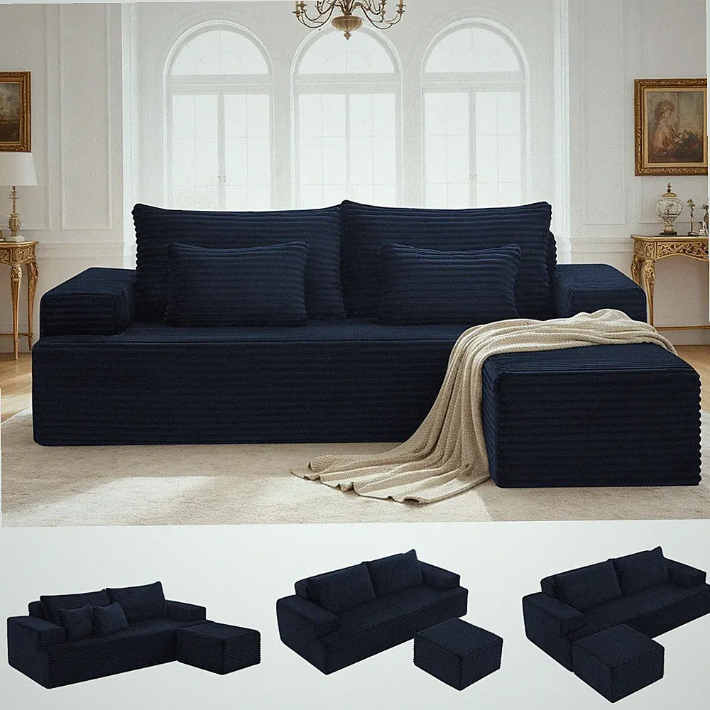 3 Seater Modular Sectional Sofa,Convertible L-Shaped Corduroy Couch with Ottoman