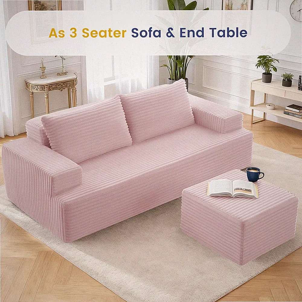3 Seater Modular Sectional Sofa,Convertible L-Shaped Corduroy Couch with Ottoman