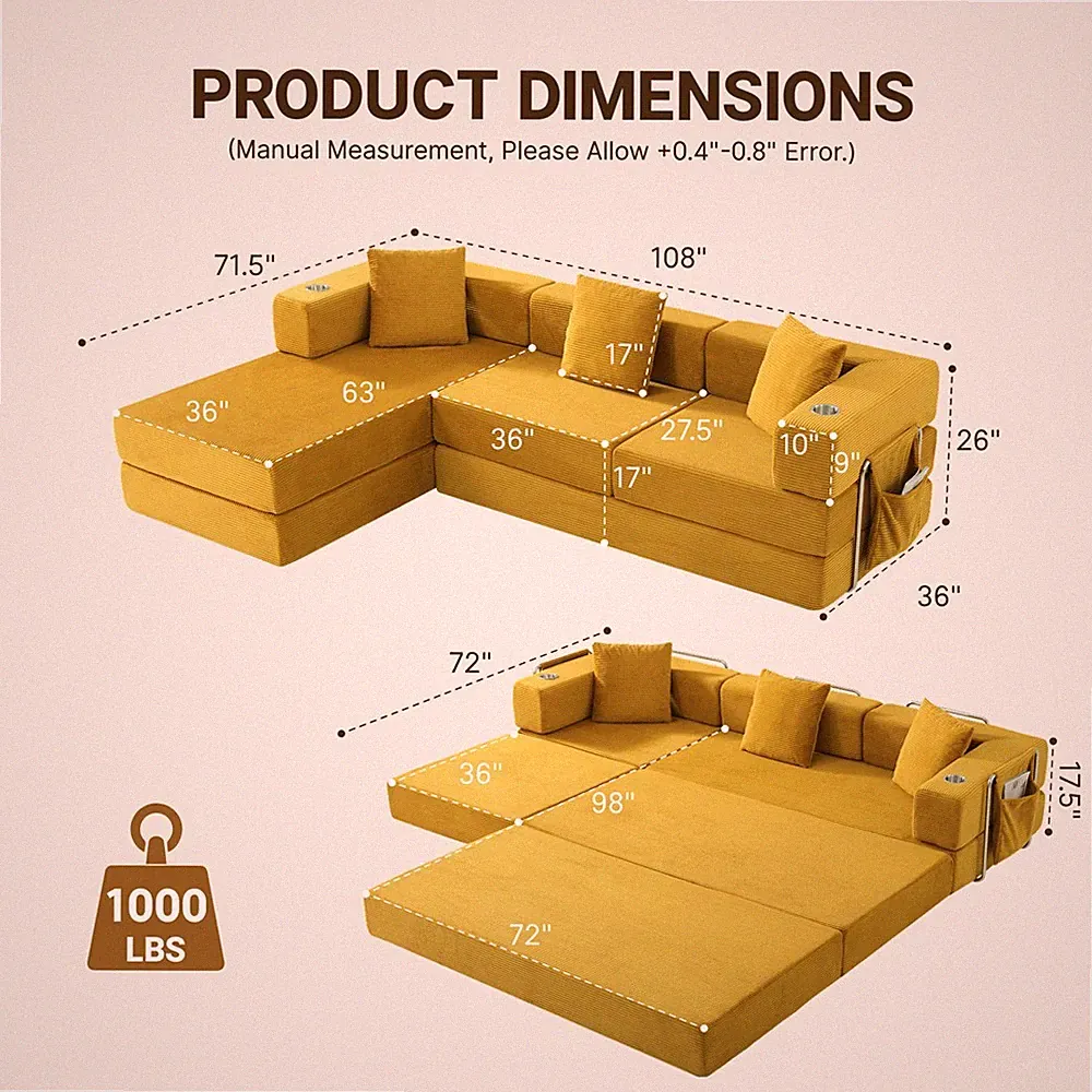 3-Seater Modular Sectional Sofa w/L-Shape Chaise, Boneless Cloud Couch Deep Seat
