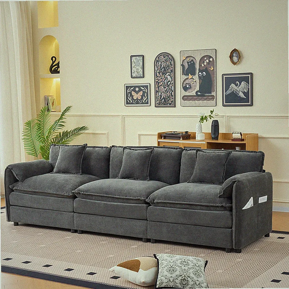 3 Seater Modular Sofa Deep Seat Sectional Sofa Chenille Cloud Couch w/3 Pillows