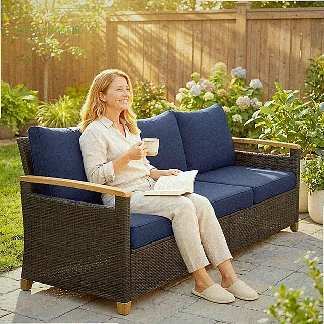 3 Seater Outdoor Couch Sofa, PE Wicker Patio Sofa, Wide Deep Seat, 4" Cushions