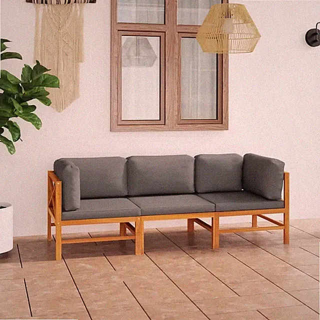 3-Seater Patio Sofa with Gray Cushions Solid Teak Wood