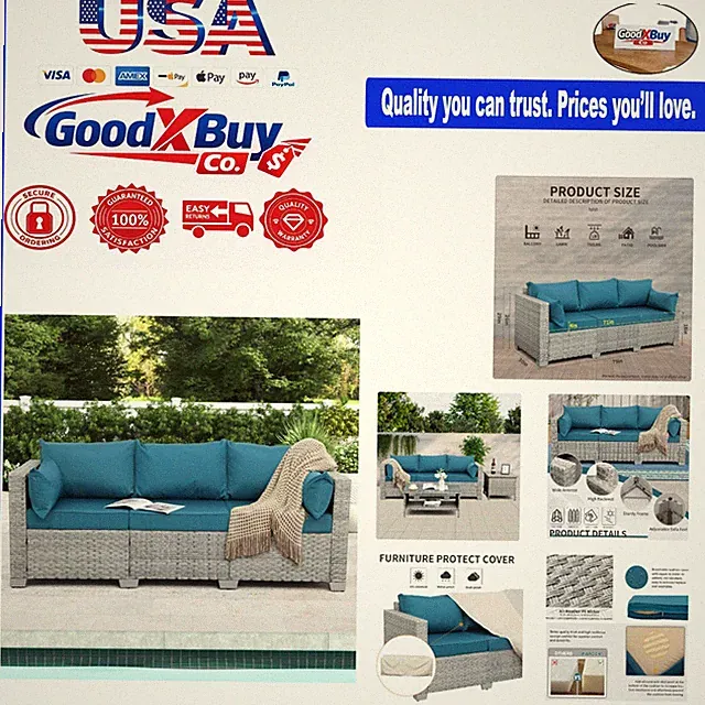 3-Seater Patio Wicker Sofa Outdoor Garden Balcony Lounge Grey Rattan Deep Sea...
