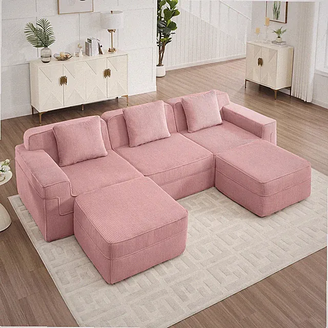 3-Seater Pink Cloud Corduroy Sectional Sofa w/ Ottomans, Plush Modular Couch