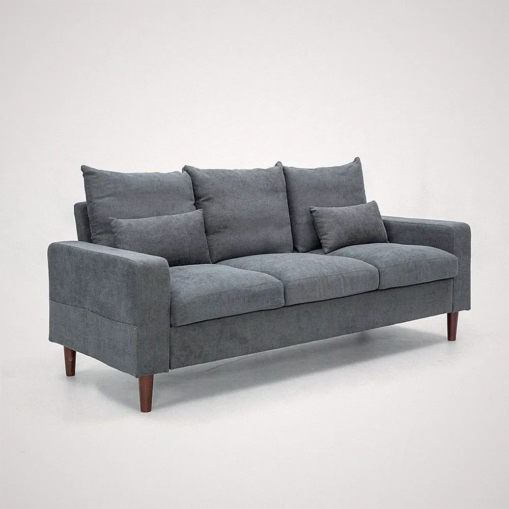 3 Seater Sectional Fabric Sofa 76.5 Wood Legs Free 2 Cushions Grey