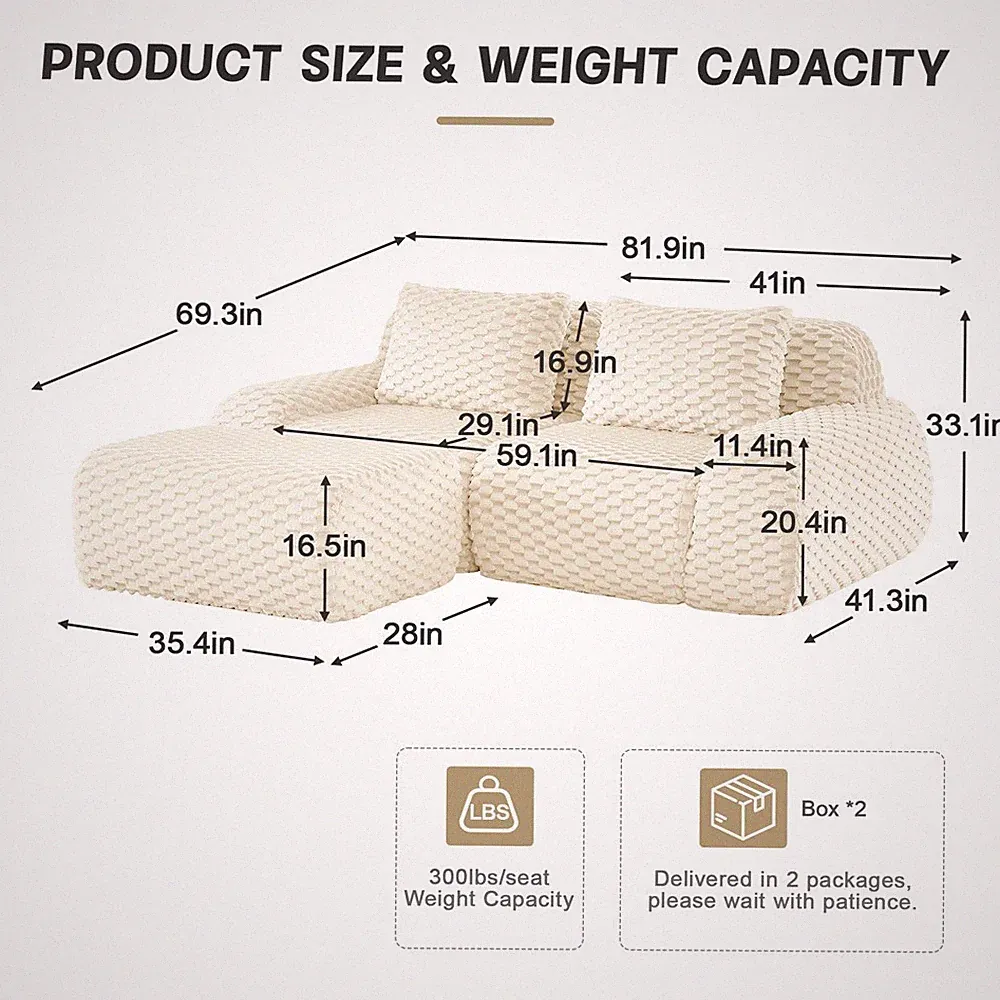 3 Seater Sectional Modular Sofa Deep Seat Boneless Couch L-Shaped Sofa Lounge