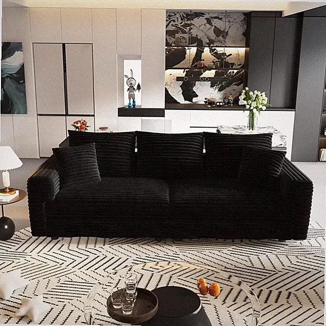 3-Seater Sectional Sofa Plush Corduroy Comfy Cloud Couch with Ottomans Black