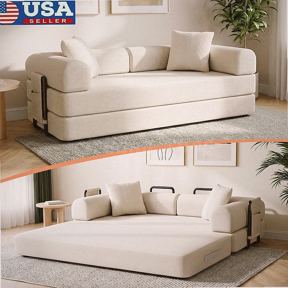 3 Seater Sleeper Sofa Bed Couch Convertible Pull-Out Bed + Side Pockets Washable