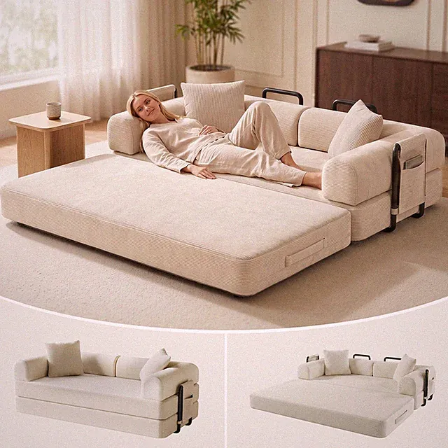3 Seater Sleeper Sofa Bed Couch Convertible Pull-Out Bed w/ Side Pocket Washable