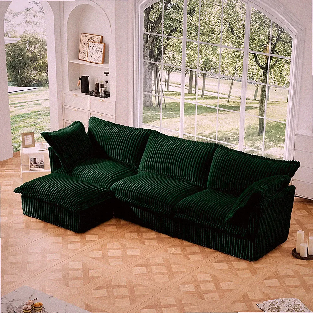 3 Seater Slipcovered Convertible Sectional w/ Ottoman & Pillows, Green Corduroy