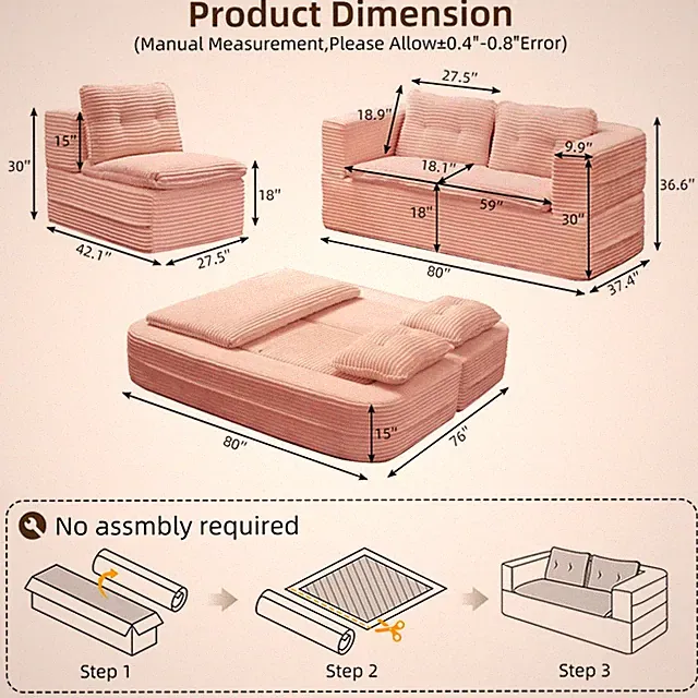 3 Seater Sofa Upholstered Sofa Sleeper Sofa Bed Foldable Convertible Floor Bed