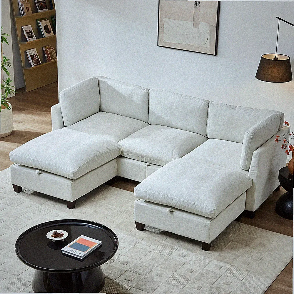 3-Seater U Shape Sectional Sofa Couch with Storage 2 Ottomans for Living Room