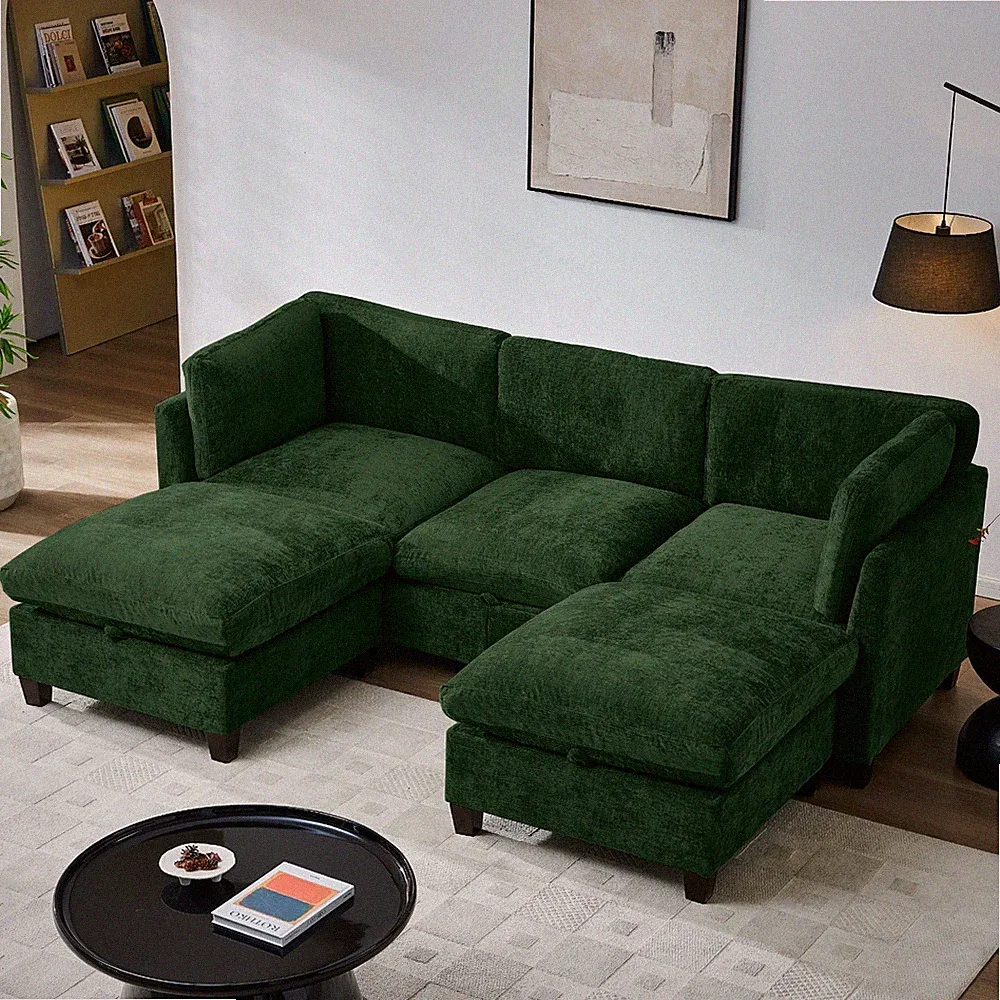 3-Seater U Shape Sectional Sofa Couch with Storage 2 Ottomans for Living Room