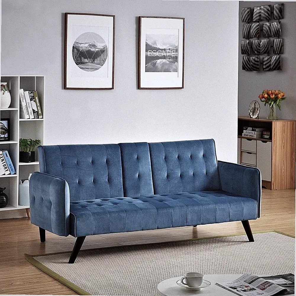 3-Seater Velvet Sleeper Sofa Bed w/ Cup Holder, Mid-Century Modern