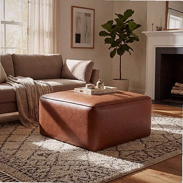 30" PU Leather Ottoman Footstool Square Footrest for Living Room Bedroom Brown