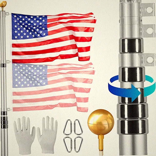 30FT Telescopic Flagpole Kit Heavy Duty Aluminum Flag Pole American Silver