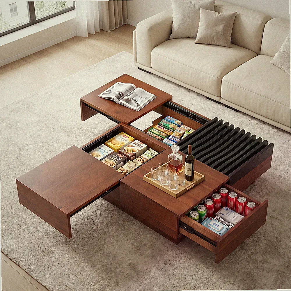 32" Square Coffee Table w/ Storage Tray, Drawer, 2 Slide-open compartments