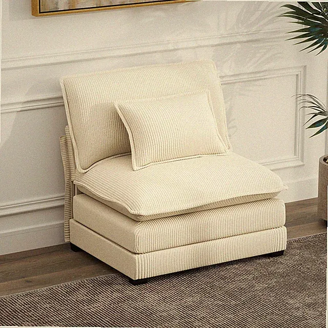 34.9'' Single Seat Armless Sectional Sofa with 2 Pillows Corduroy Beige