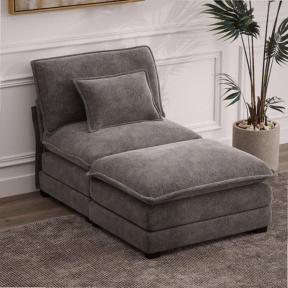 34.9in Modular Sectional Single for Seat No Armrest w/ Ottoman Chenille Dark Gra