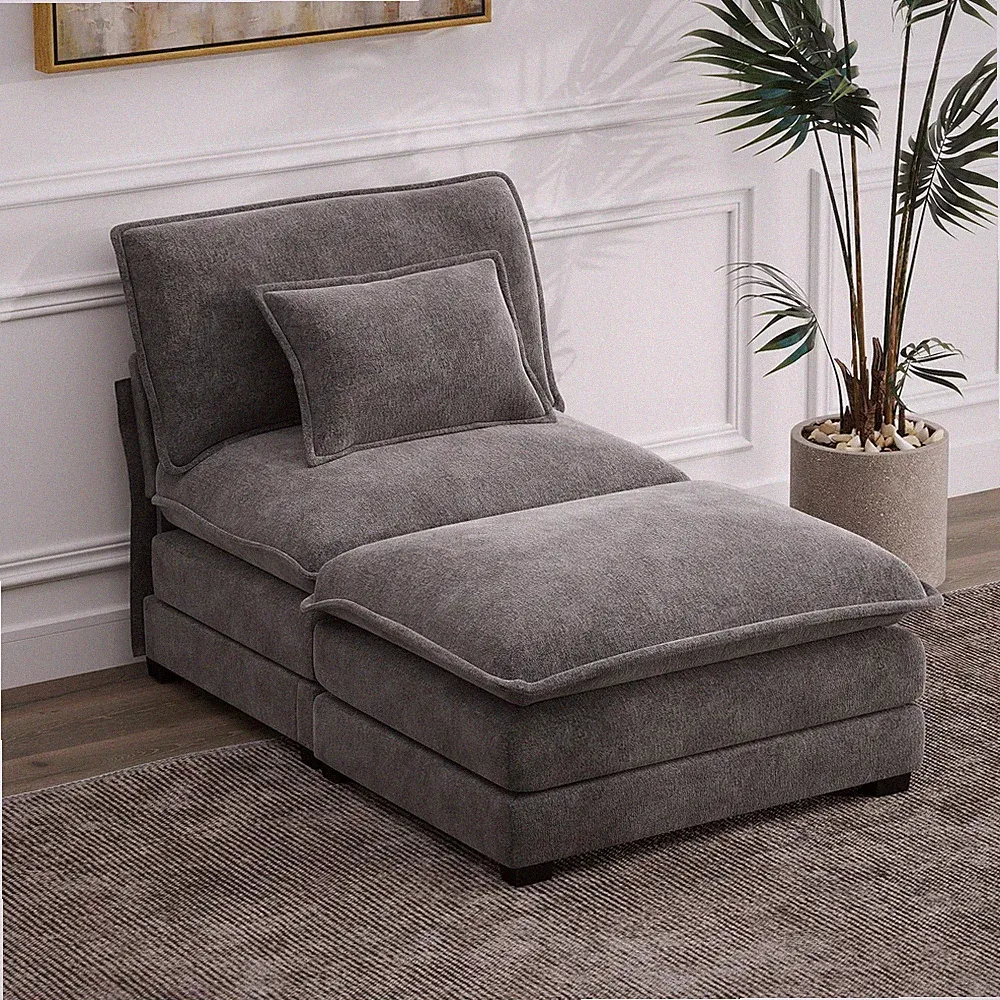 34.9in Modular Sectional Single Seat No Armrest w/ Ottoman Chenille Dark Gray