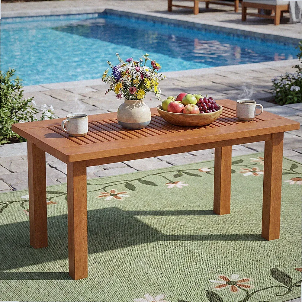 35.5 Inch Outdoor Coffee Table w/Slatted Top, Teak Oil Finish for Deck, Garden